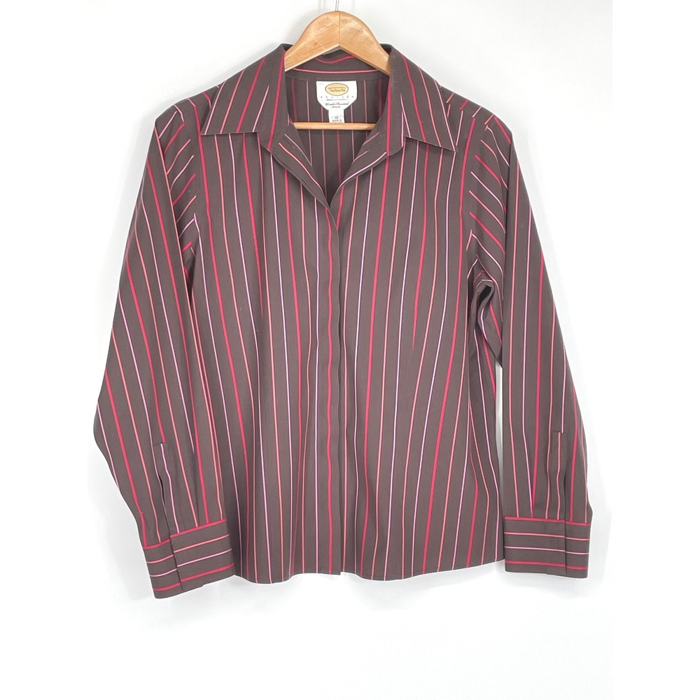 Talbots Women Shirt 12P Blouse Brown Pink Striped Wrinkle Resistant